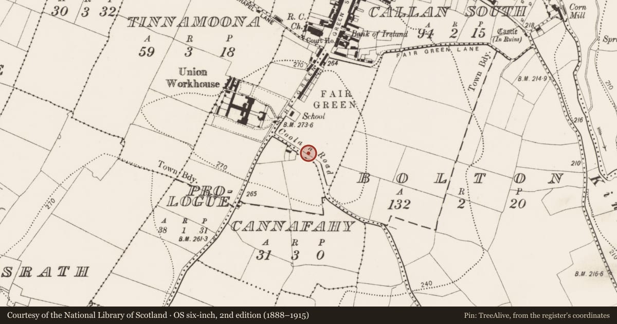 Ordnance Survey six-inch map, 2nd edition (1888–1915) covering the location of Battery, Callan South, County Kilkenny, with a pin at the register's coordinates