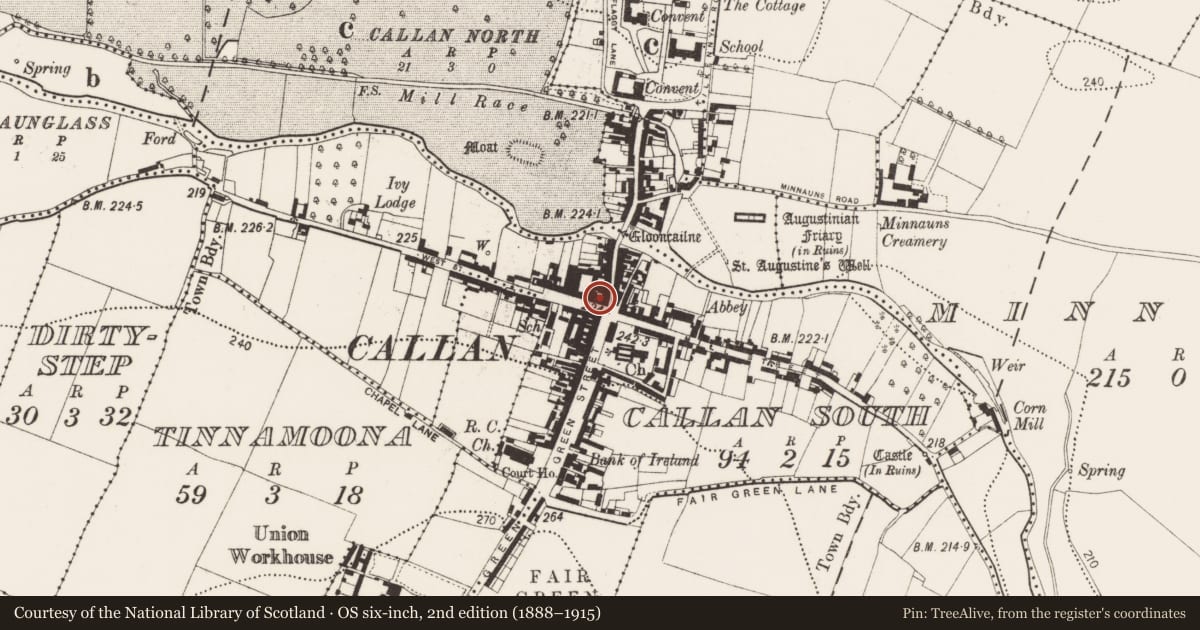 Ordnance Survey six-inch map, 2nd edition (1888–1915) covering the location of Castle - tower house, Callan South, County Kilkenny, with a pin at the register's coordinates