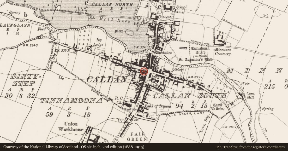 Ordnance Survey six-inch map, 2nd edition (1888–1915) covering the location of Castle - tower house, Callan South, County Kilkenny, with a pin at the register's coordinates