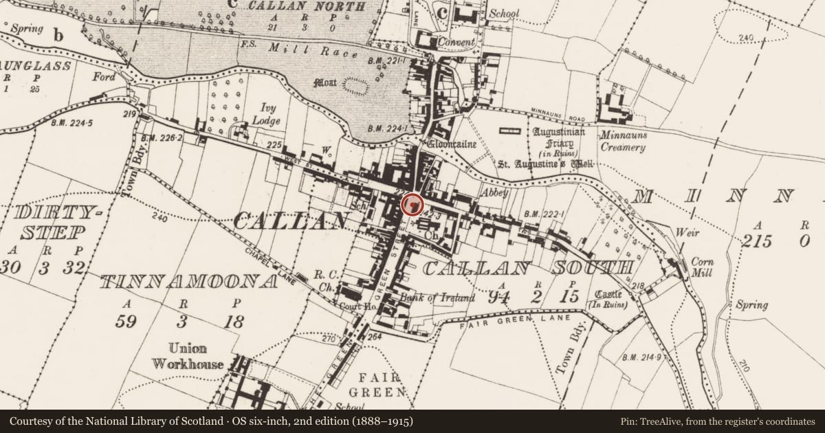 Ordnance Survey six-inch map, 2nd edition (1888–1915) covering the location of Castle - tower house, Callan South, County Kilkenny, with a pin at the register's coordinates