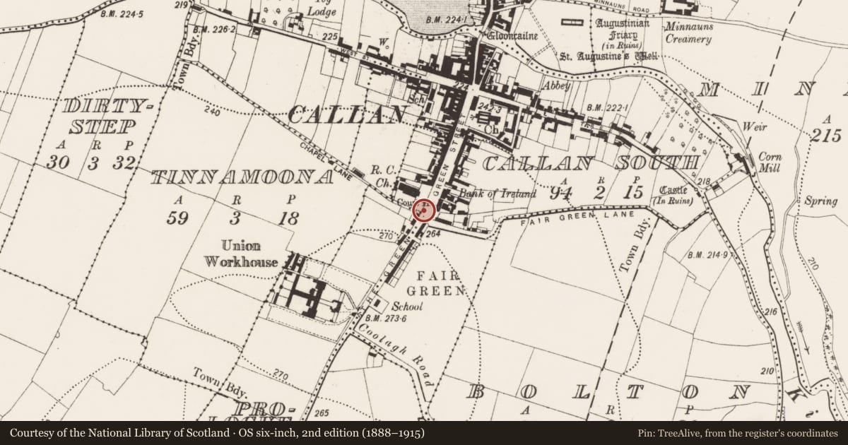 Ordnance Survey six-inch map, 2nd edition (1888–1915) covering the location of Town defences, County Kilkenny, with a pin at the register's coordinates