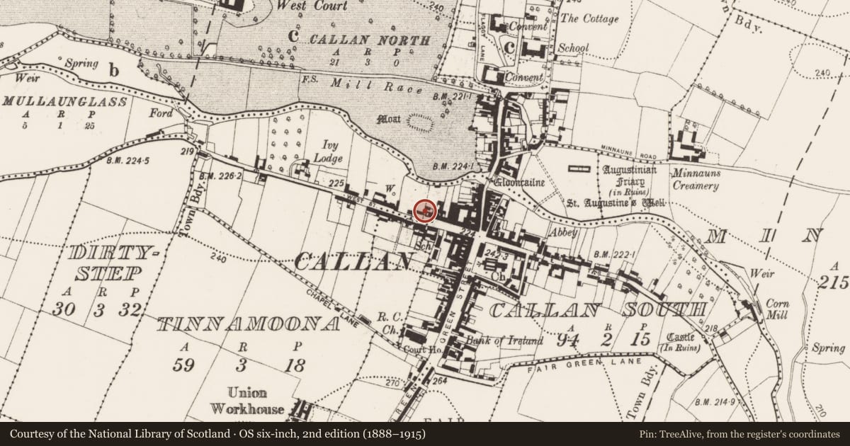 Ordnance Survey six-inch map, 2nd edition (1888–1915) covering the location of Castle - tower house, Callan South, County Kilkenny, with a pin at the register's coordinates