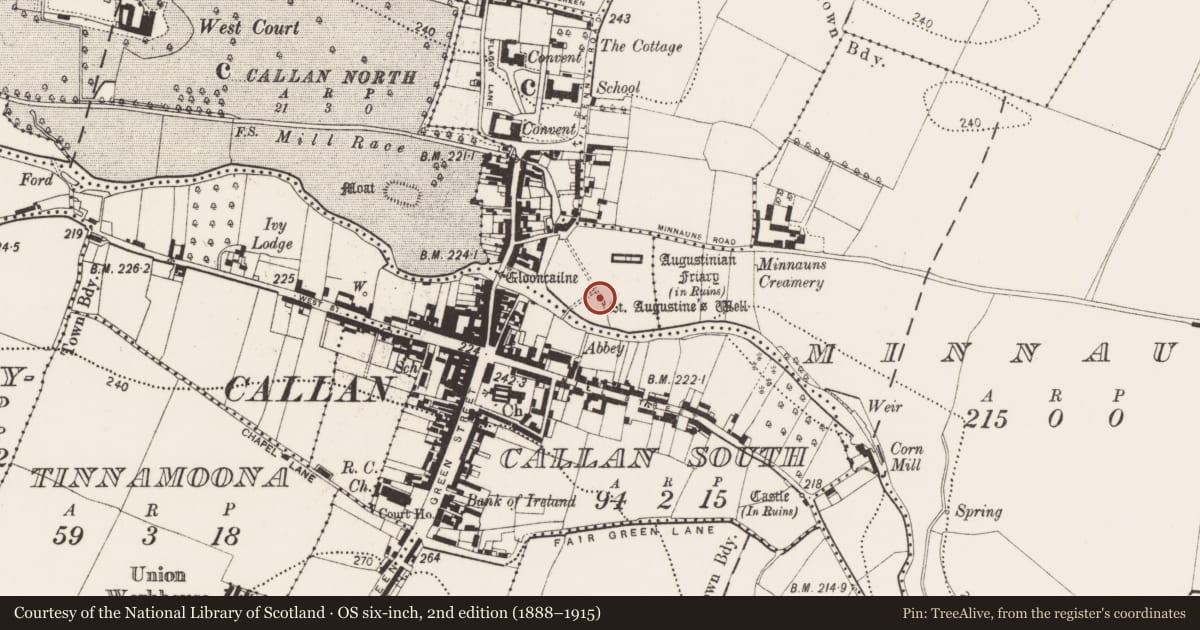 Ordnance Survey six-inch map, 2nd edition (1888–1915) covering the location of Ritual site - holy well, Callan North, County Kilkenny, with a pin at the register's coordinates