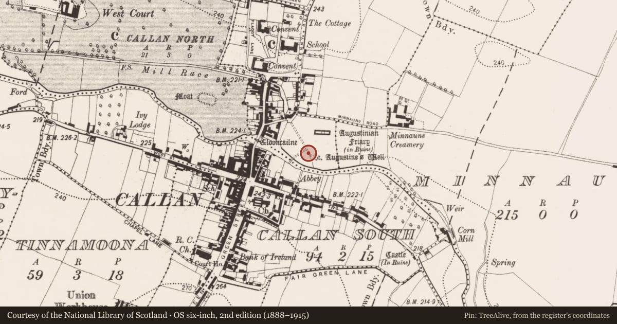 Ordnance Survey six-inch map, 2nd edition (1888–1915) covering the location of Architectural fragment, Callan North, County Kilkenny, with a pin at the register's coordinates