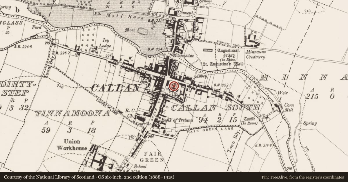 Ordnance Survey six-inch map, 2nd edition (1888–1915) covering the location of Graveyard, Callan South, County Kilkenny, with a pin at the register's coordinates