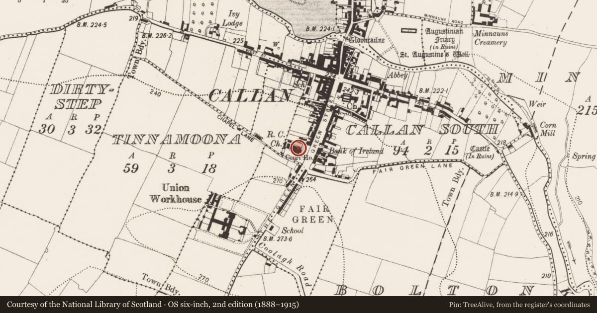Ordnance Survey six-inch map, 2nd edition (1888–1915) covering the location of Stone sculpture (present location), Callan South, County Kilkenny, with a pin at the register's coordinates