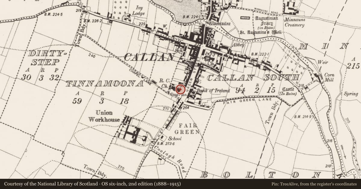 Ordnance Survey six-inch map, 2nd edition (1888–1915) covering the location of Church, Callan South, County Kilkenny, with a pin at the register's coordinates