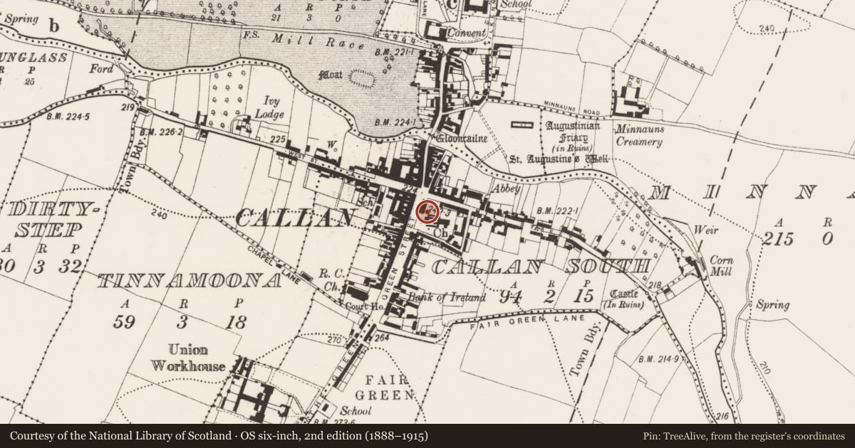 Ordnance Survey six-inch map, 2nd edition (1888–1915) covering the location of Graveslab, Callan South, County Kilkenny, with a pin at the register's coordinates