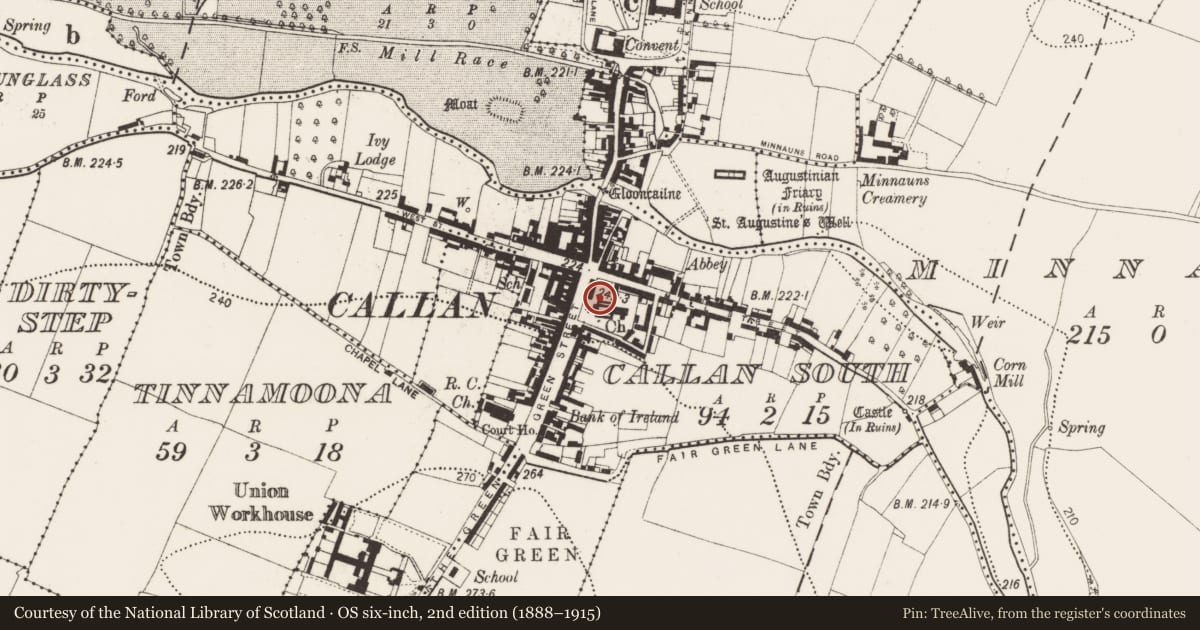 Ordnance Survey six-inch map, 2nd edition (1888–1915) covering the location of Graveslab, Callan South, County Kilkenny, with a pin at the register's coordinates
