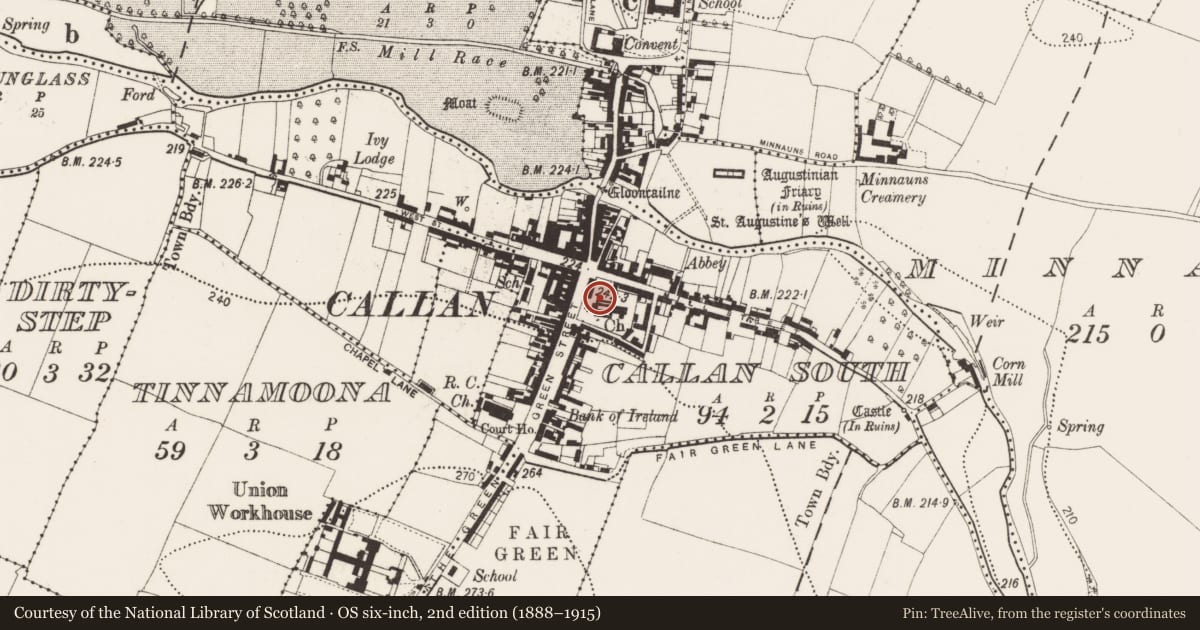 Ordnance Survey six-inch map, 2nd edition (1888–1915) covering the location of Graveslab, Callan South, County Kilkenny, with a pin at the register's coordinates