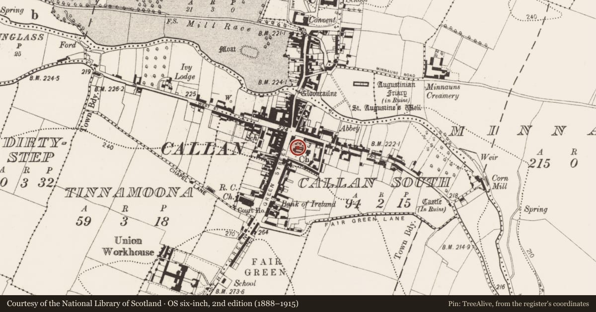 Ordnance Survey six-inch map, 2nd edition (1888–1915) covering the location of Graveslab, Callan South, County Kilkenny, with a pin at the register's coordinates