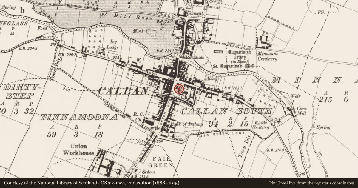 Ordnance Survey six-inch map, 2nd edition (1888–1915) covering the location of Graveslab, Callan South, County Kilkenny, with a pin at the register's coordinates