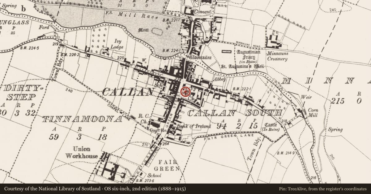 Ordnance Survey six-inch map, 2nd edition (1888–1915) covering the location of Tomb - effigial, Callan South, County Kilkenny, with a pin at the register's coordinates