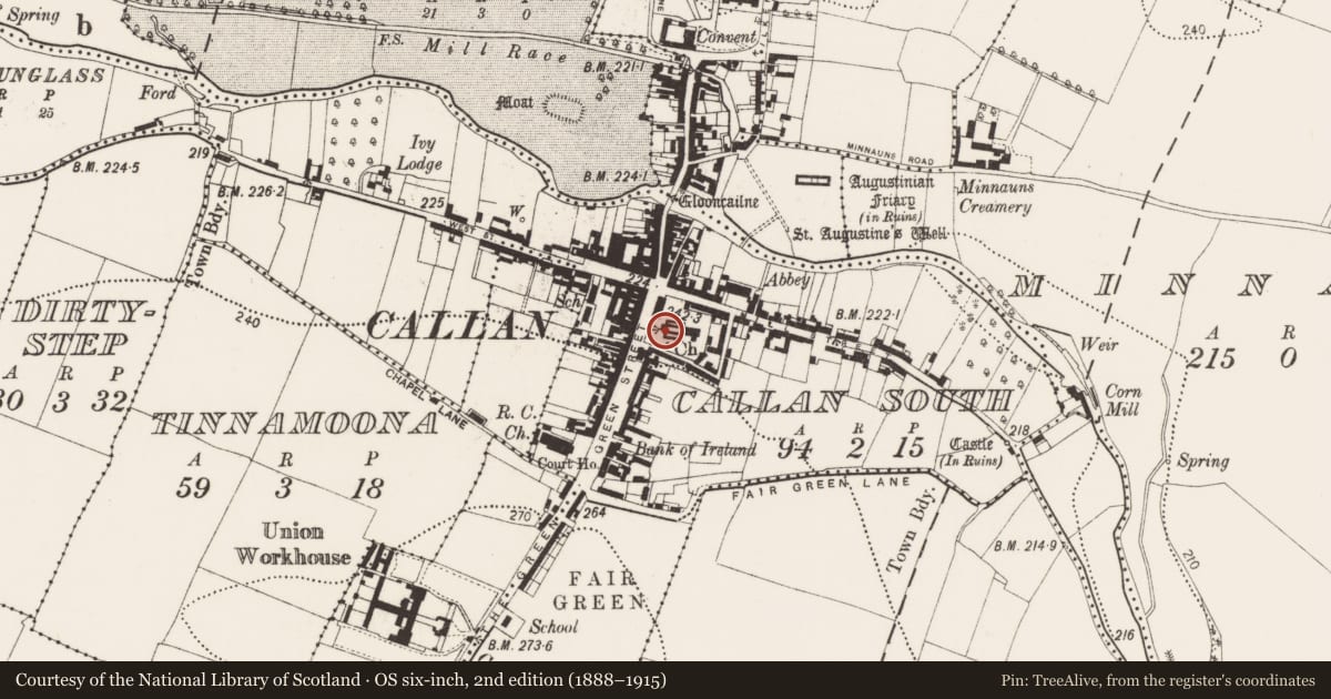Ordnance Survey six-inch map, 2nd edition (1888–1915) covering the location of Graveslab, Callan South, County Kilkenny, with a pin at the register's coordinates