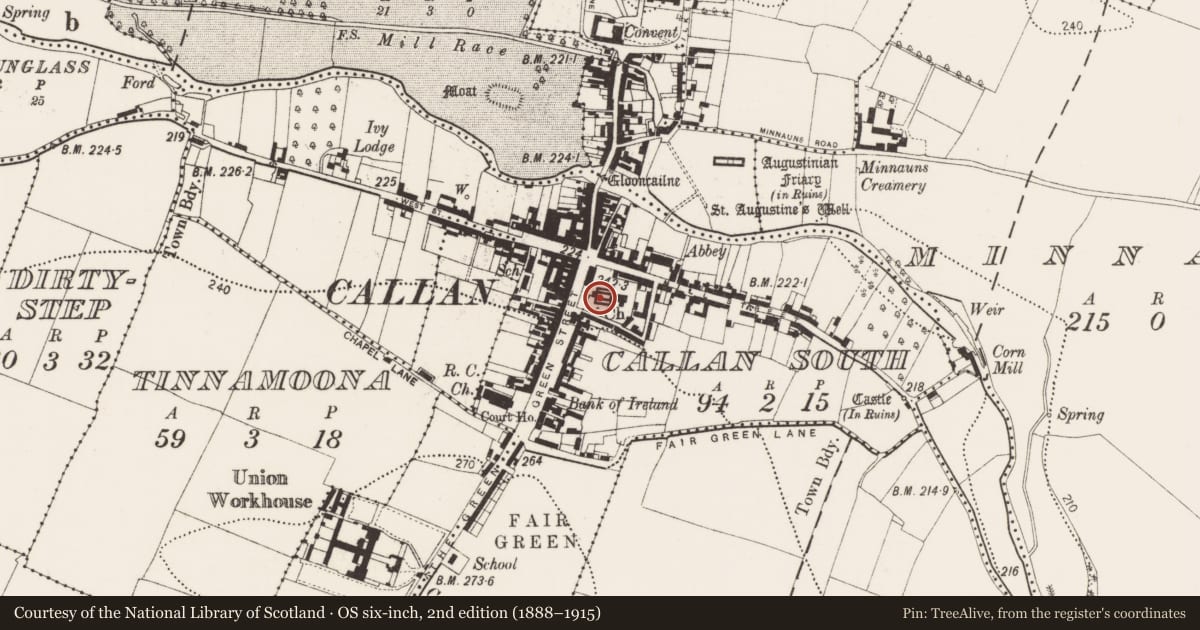 Ordnance Survey six-inch map, 2nd edition (1888–1915) covering the location of Tomb - chest tomb, Callan South, County Kilkenny, with a pin at the register's coordinates