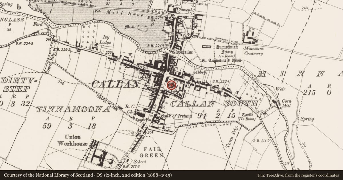 Ordnance Survey six-inch map, 2nd edition (1888–1915) covering the location of Wall monument, Callan South, County Kilkenny, with a pin at the register's coordinates