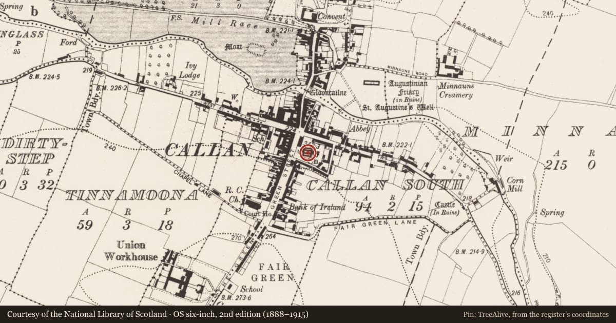 Ordnance Survey six-inch map, 2nd edition (1888–1915) covering the location of Graveslab, Callan South, County Kilkenny, with a pin at the register's coordinates