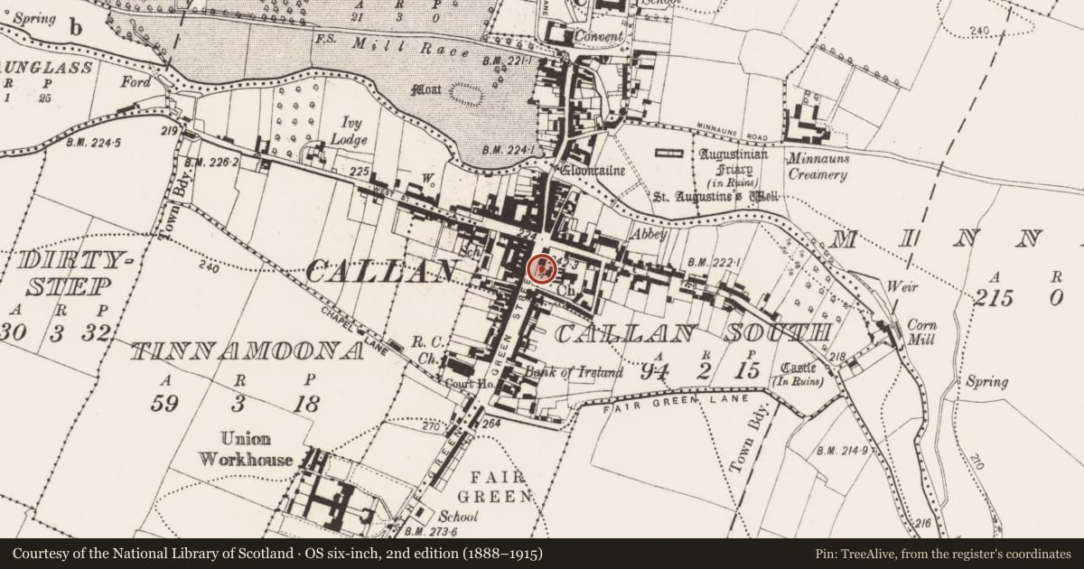 Ordnance Survey six-inch map, 2nd edition (1888–1915) covering the location of Graveslab, Callan South, County Kilkenny, with a pin at the register's coordinates