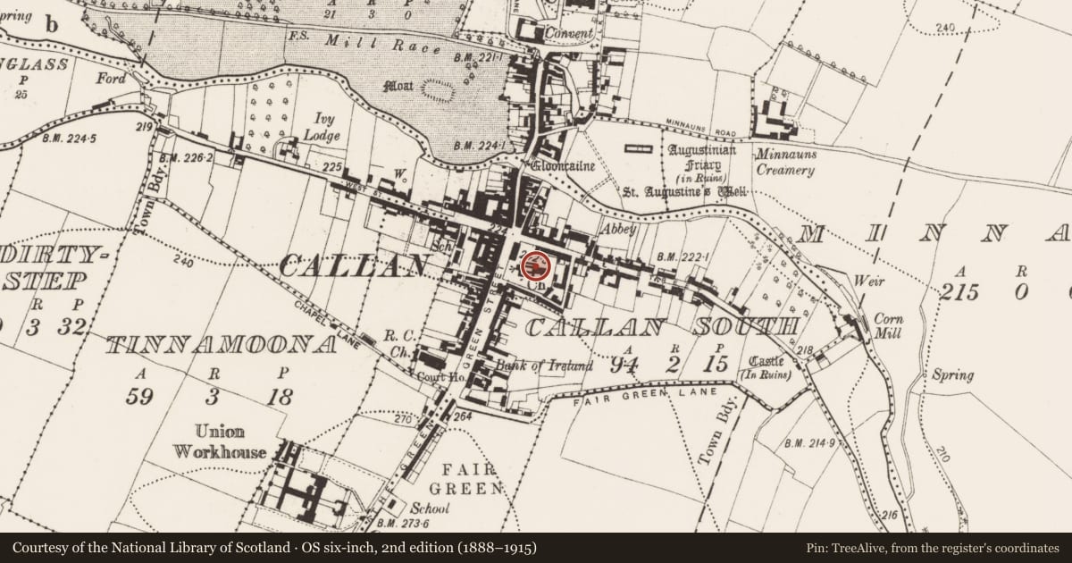 Ordnance Survey six-inch map, 2nd edition (1888–1915) covering the location of Graveslab, Callan South, County Kilkenny, with a pin at the register's coordinates
