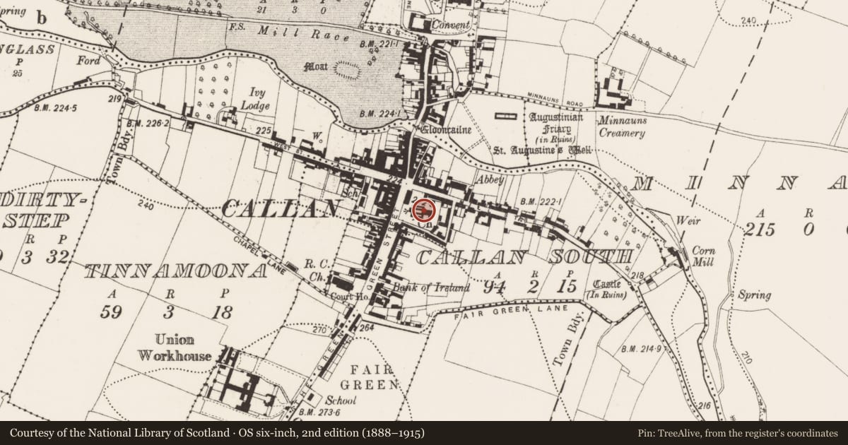Ordnance Survey six-inch map, 2nd edition (1888–1915) covering the location of Graveslab, Callan South, County Kilkenny, with a pin at the register's coordinates