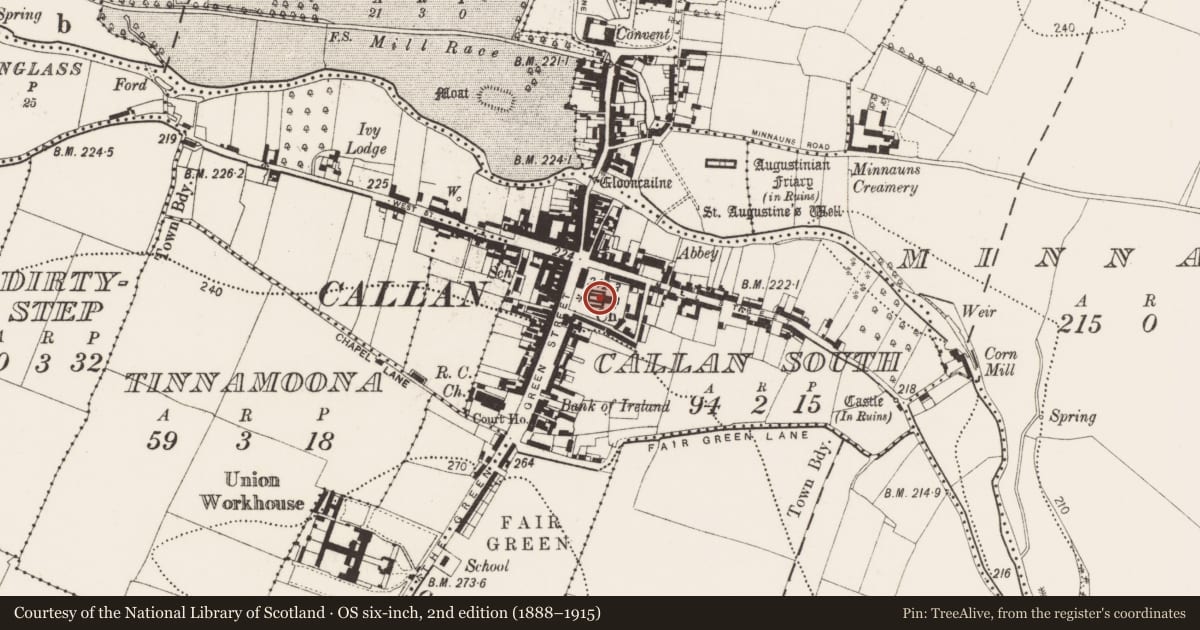 Ordnance Survey six-inch map, 2nd edition (1888–1915) covering the location of Tomb - chest tomb, Callan South, County Kilkenny, with a pin at the register's coordinates