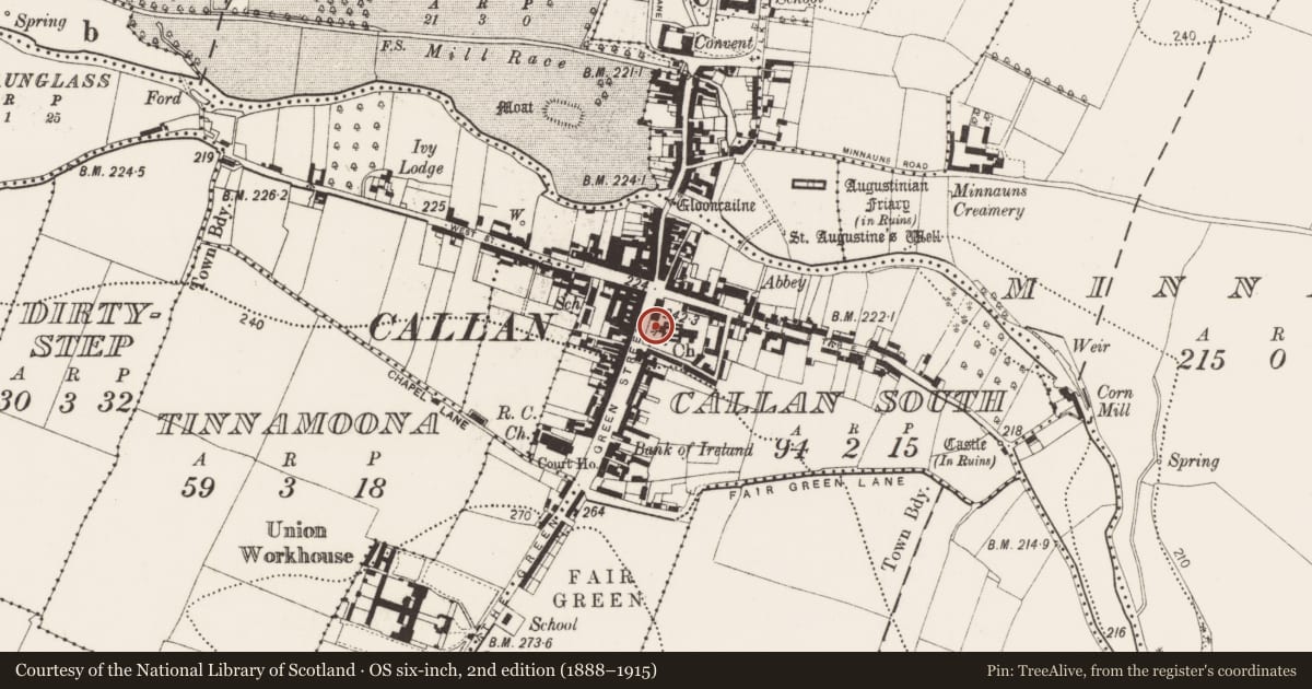 Ordnance Survey six-inch map, 2nd edition (1888–1915) covering the location of Graveslab, Callan South, County Kilkenny, with a pin at the register's coordinates