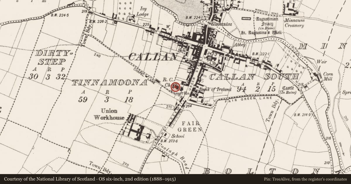 Ordnance Survey six-inch map, 2nd edition (1888–1915) covering the location of Stone sculpture (present location), Callan South, County Kilkenny, with a pin at the register's coordinates