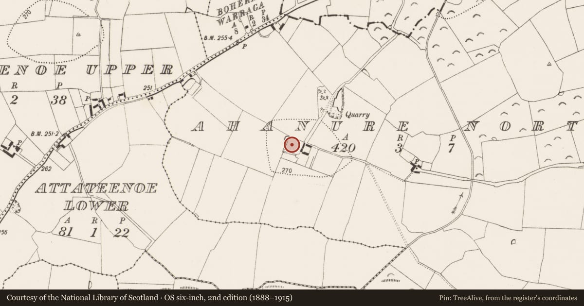 Ordnance Survey six-inch map, 2nd edition (1888–1915) covering the location of Moated site, Ahanure North, County Kilkenny, with a pin at the register's coordinates