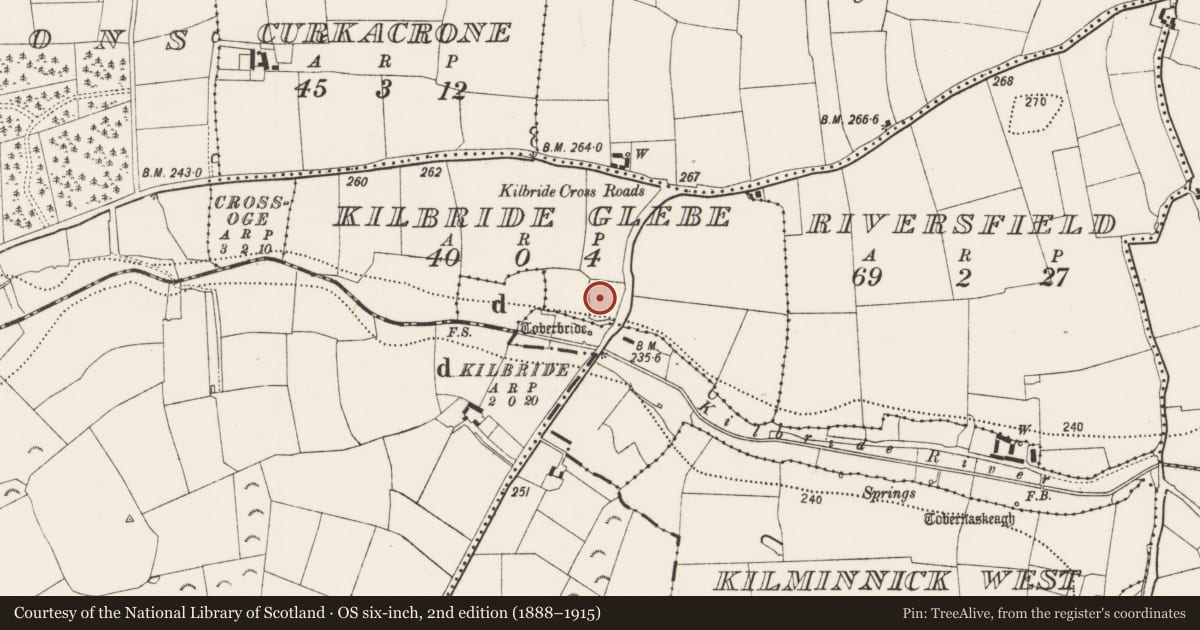 Ordnance Survey six-inch map, 2nd edition (1888–1915) covering the location of Graveyard, Kilbride Glebe, County Kilkenny, with a pin at the register's coordinates