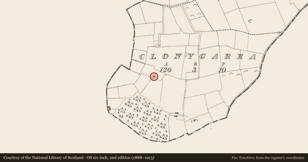 Ordnance Survey six-inch map, 2nd edition (1888–1915) covering the location of Enclosure, Clonygarra, County Kilkenny, with a pin at the register's coordinates