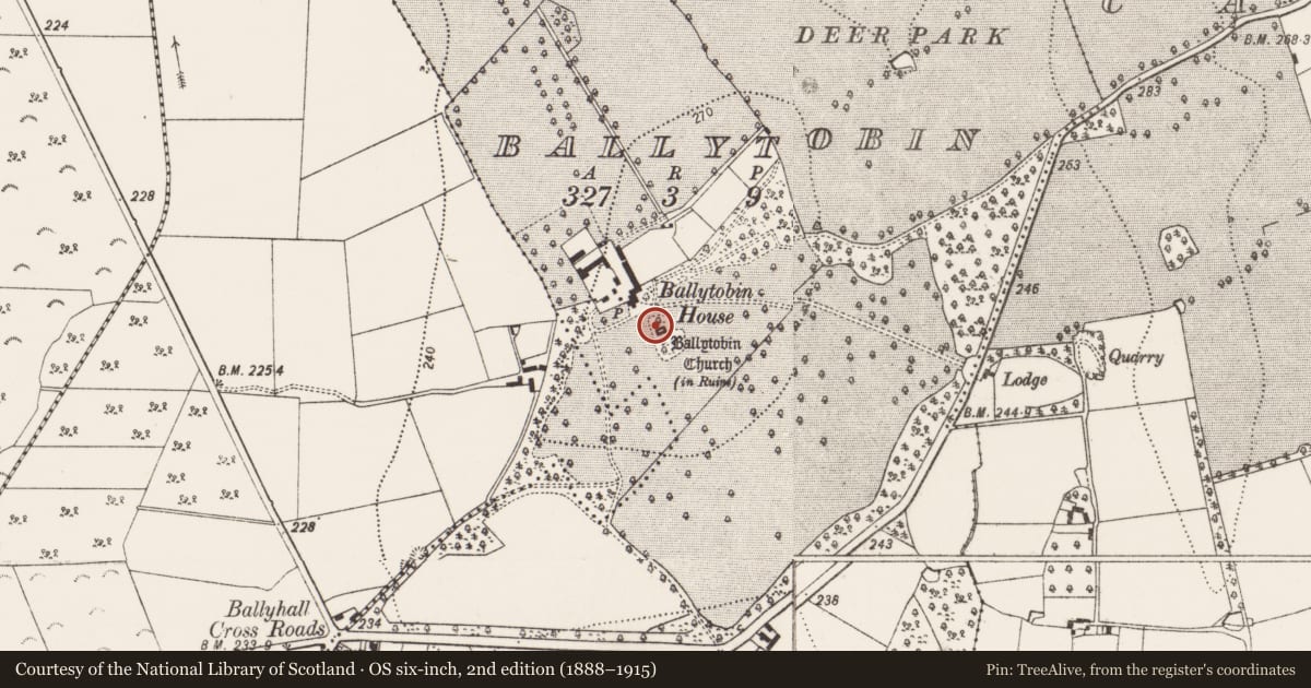 Ordnance Survey six-inch map, 2nd edition (1888–1915) covering the location of Graveyard, Ballytobin, County Kilkenny, with a pin at the register's coordinates