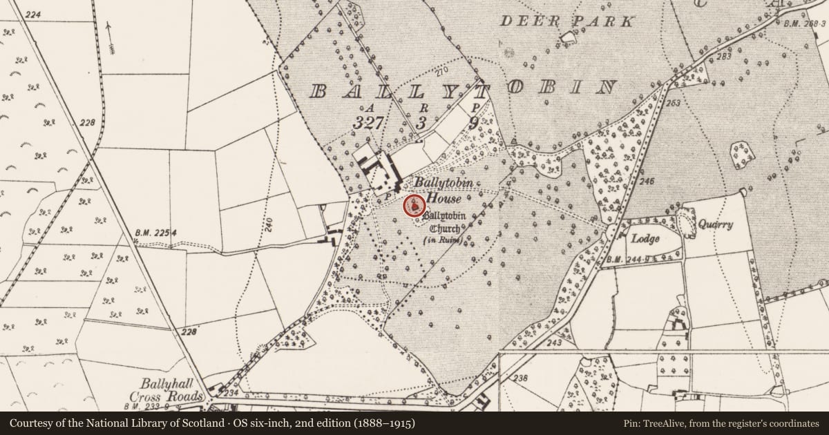 Ordnance Survey six-inch map, 2nd edition (1888–1915) covering the location of Font, Ballytobin, County Kilkenny, with a pin at the register's coordinates