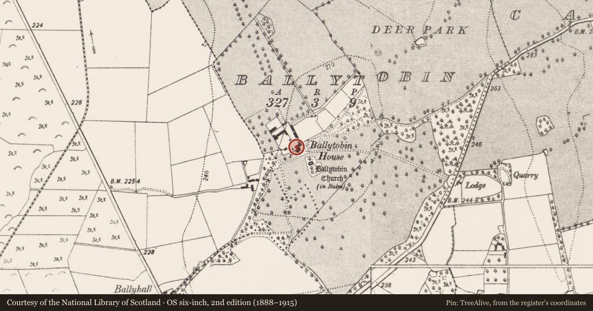 Ordnance Survey six-inch map, 2nd edition (1888–1915) covering the location of House - 17th century, Ballytobin, County Kilkenny, with a pin at the register's coordinates