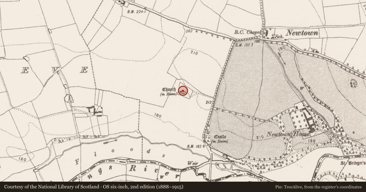 Ordnance Survey six-inch map, 2nd edition (1888–1915) covering the location of Tomb - chest tomb, Newtown (Baker), County Kilkenny, with a pin at the register's coordinates