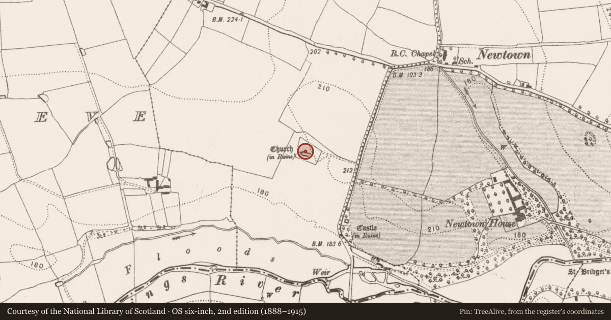 Ordnance Survey six-inch map, 2nd edition (1888–1915) covering the location of Tomb - chest tomb, Newtown (Baker), County Kilkenny, with a pin at the register's coordinates
