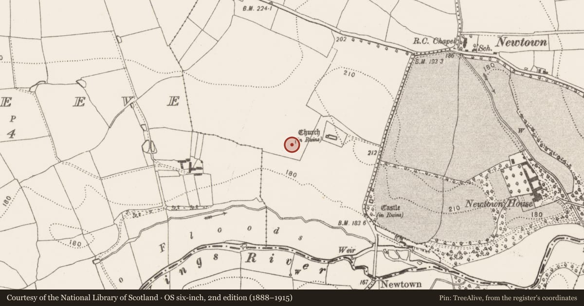 Ordnance Survey six-inch map, 2nd edition (1888–1915) covering the location of Road - hollow-way, Newtown (Baker), County Kilkenny, with a pin at the register's coordinates