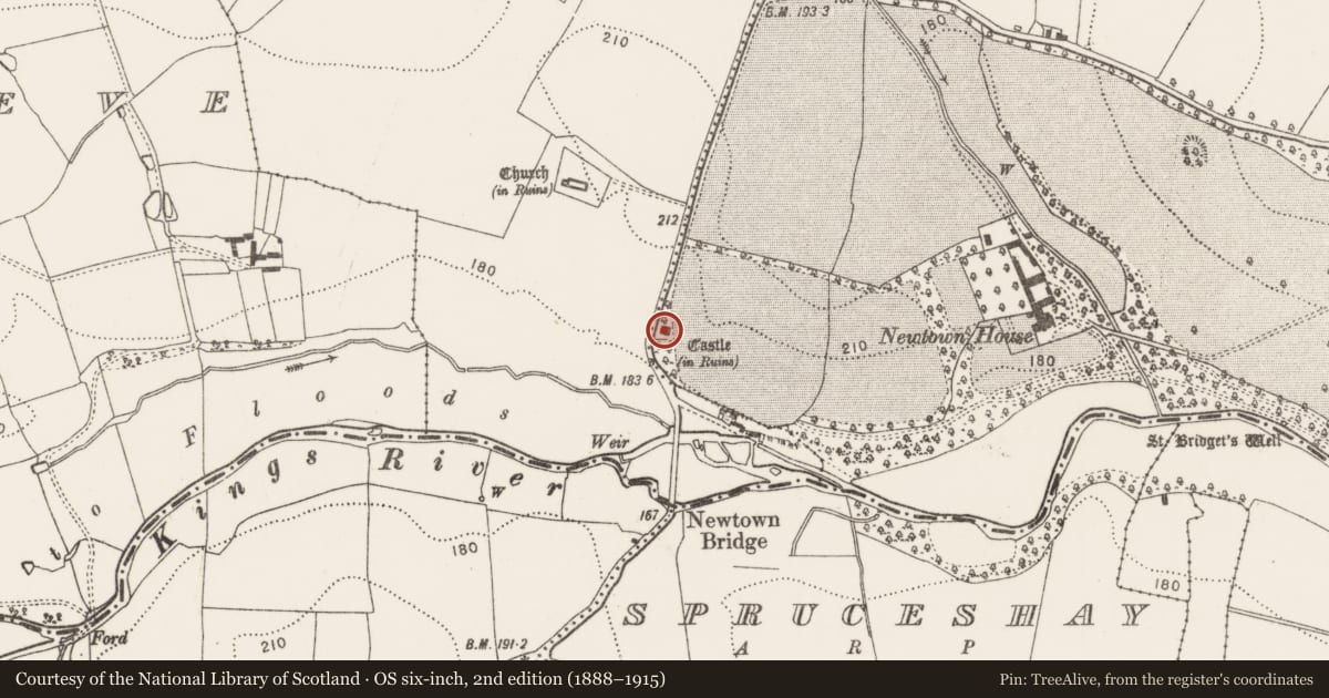 Ordnance Survey six-inch map, 2nd edition (1888–1915) covering the location of Bawn, Newtown (Baker), County Kilkenny, with a pin at the register's coordinates