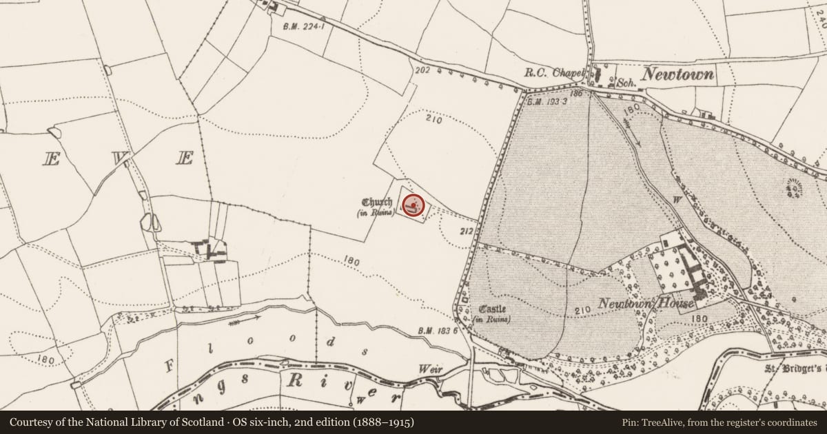 Ordnance Survey six-inch map, 2nd edition (1888–1915) covering the location of Tomb - chest tomb, Newtown (Baker), County Kilkenny, with a pin at the register's coordinates