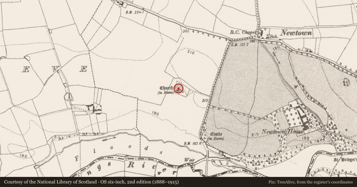 Ordnance Survey six-inch map, 2nd edition (1888–1915) covering the location of Graveslab, Newtown (Baker), County Kilkenny, with a pin at the register's coordinates