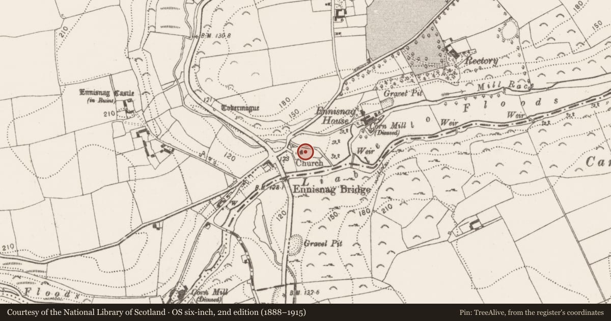 Ordnance Survey six-inch map, 2nd edition (1888–1915) covering the location of Church, Ennisnag, County Kilkenny, with a pin at the register's coordinates