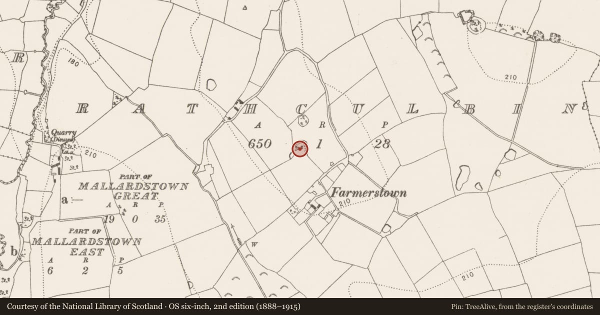 Ordnance Survey six-inch map, 2nd edition (1888–1915) covering the location of Enclosure, Rathculbin, County Kilkenny, with a pin at the register's coordinates
