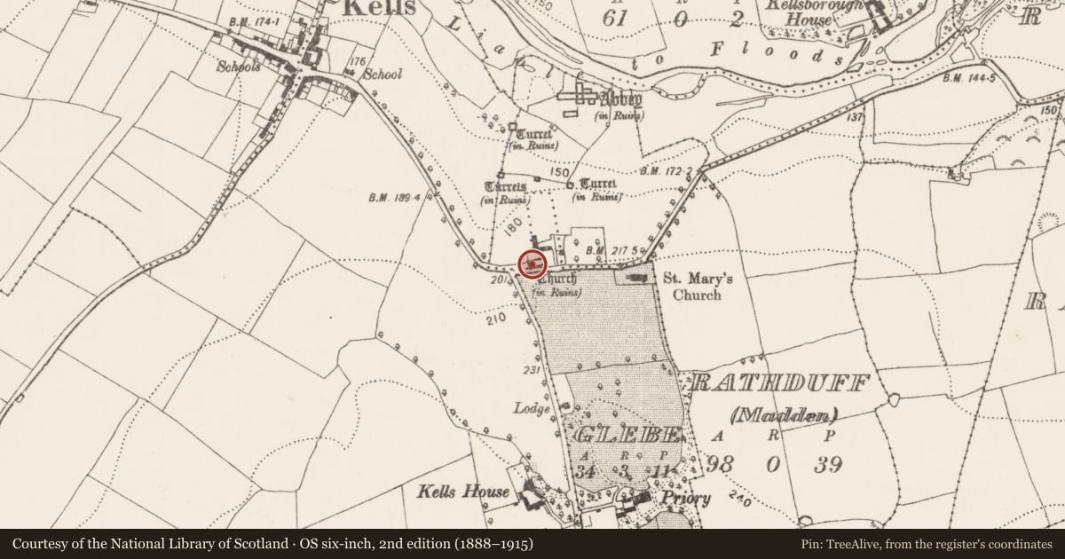 Ordnance Survey six-inch map, 2nd edition (1888–1915) covering the location of Church, Glebe, County Kilkenny, with a pin at the register's coordinates