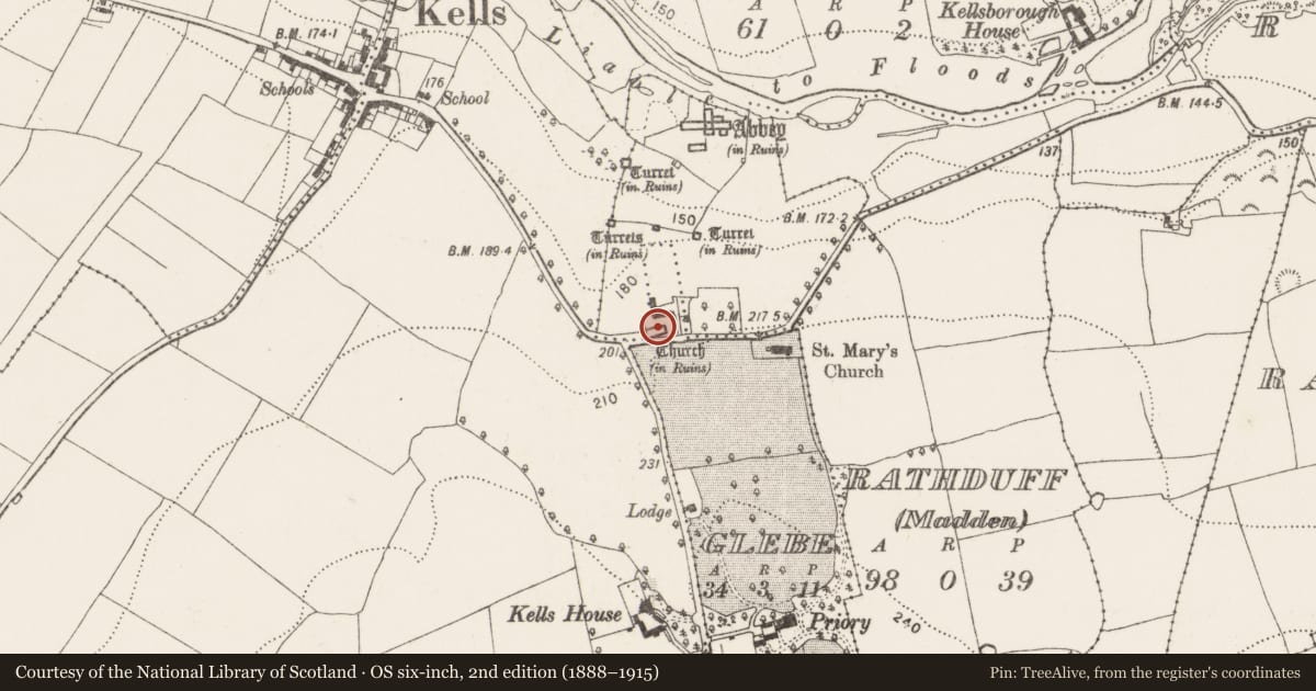 Ordnance Survey six-inch map, 2nd edition (1888–1915) covering the location of Graveyard, Glebe, County Kilkenny, with a pin at the register's coordinates
