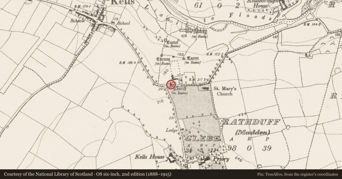 Ordnance Survey six-inch map, 2nd edition (1888–1915) covering the location of Font, Glebe, County Kilkenny, with a pin at the register's coordinates