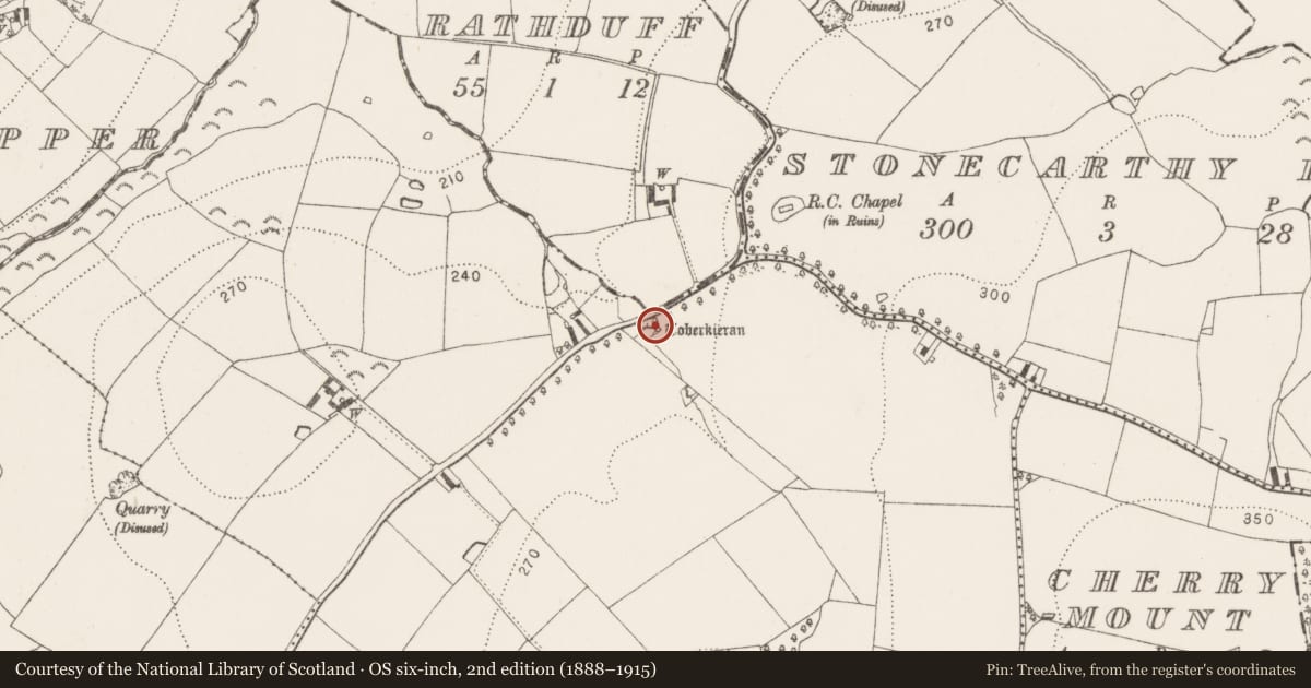 Ordnance Survey six-inch map, 2nd edition (1888–1915) covering the location of Ritual site - holy well, Stonecarthy West, County Kilkenny, with a pin at the register's coordinates