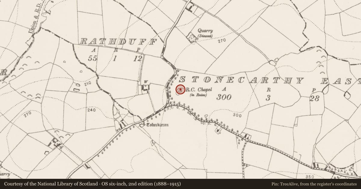 Ordnance Survey six-inch map, 2nd edition (1888–1915) covering the location of Church, Stonecarthy East, County Kilkenny, with a pin at the register's coordinates