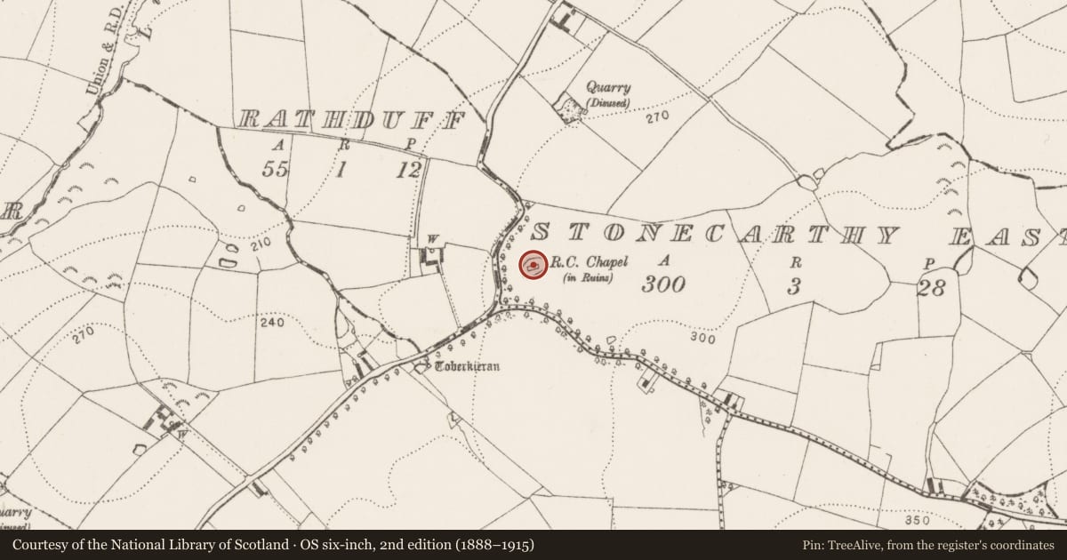 Ordnance Survey six-inch map, 2nd edition (1888–1915) covering the location of Graveyard, Stonecarthy East, County Kilkenny, with a pin at the register's coordinates