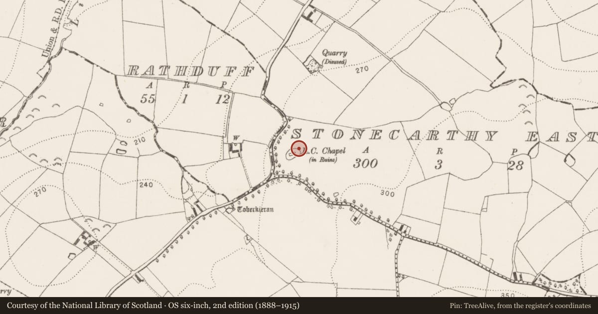 Ordnance Survey six-inch map, 2nd edition (1888–1915) covering the location of Graveslab, Stonecarthy East, County Kilkenny, with a pin at the register's coordinates