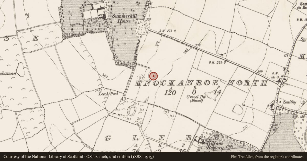 Ordnance Survey six-inch map, 2nd edition (1888–1915) covering the location of Enclosure, Knockanroe North, County Kilkenny, with a pin at the register's coordinates