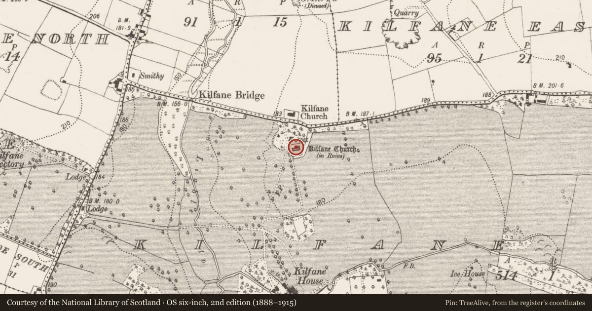 Ordnance Survey six-inch map, 2nd edition (1888–1915) covering the location of Church, Kilfane Demesne, County Kilkenny, with a pin at the register's coordinates